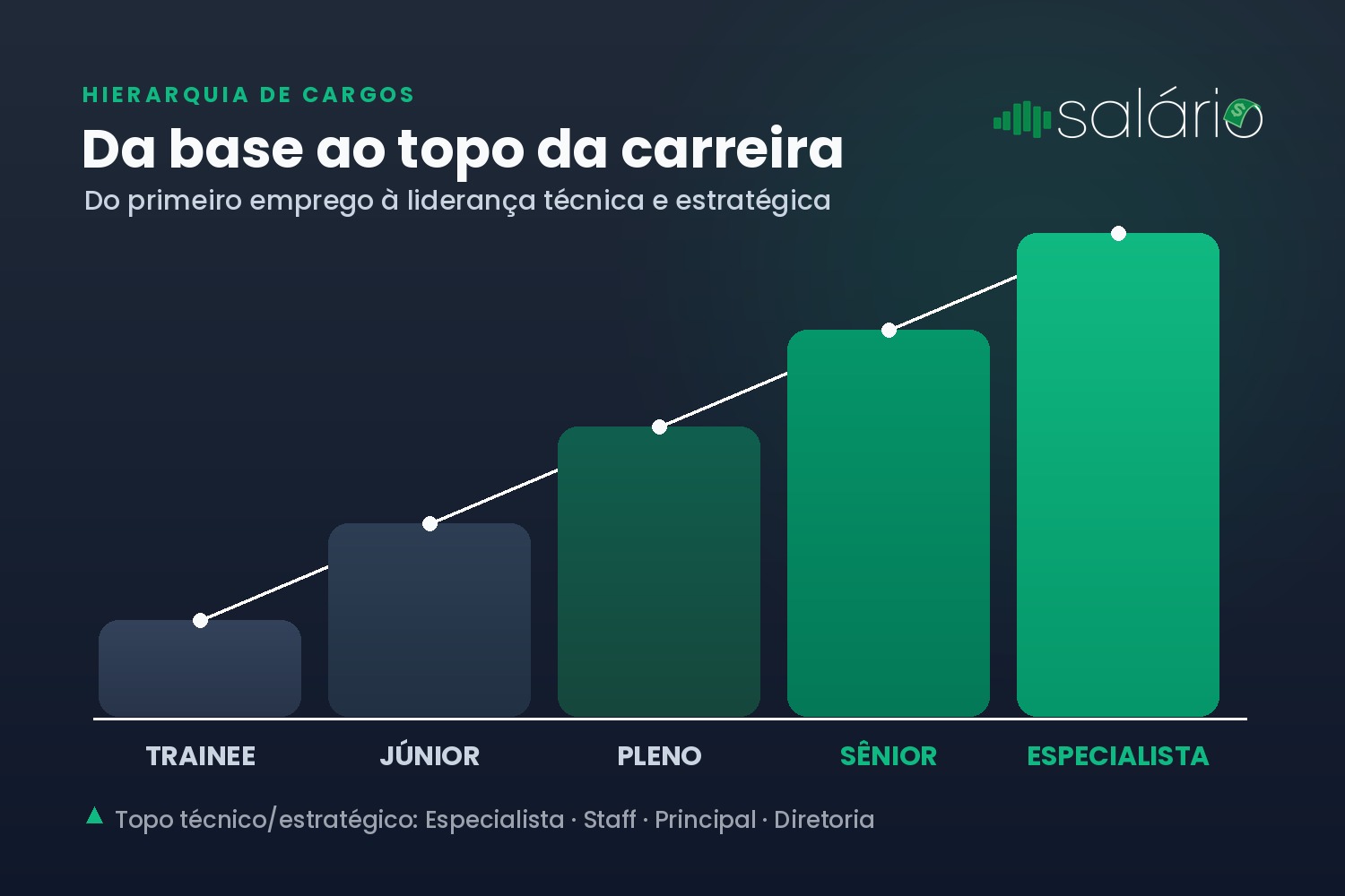Hierarquia de cargos: trainee, júnior, pleno, sênior e especialista