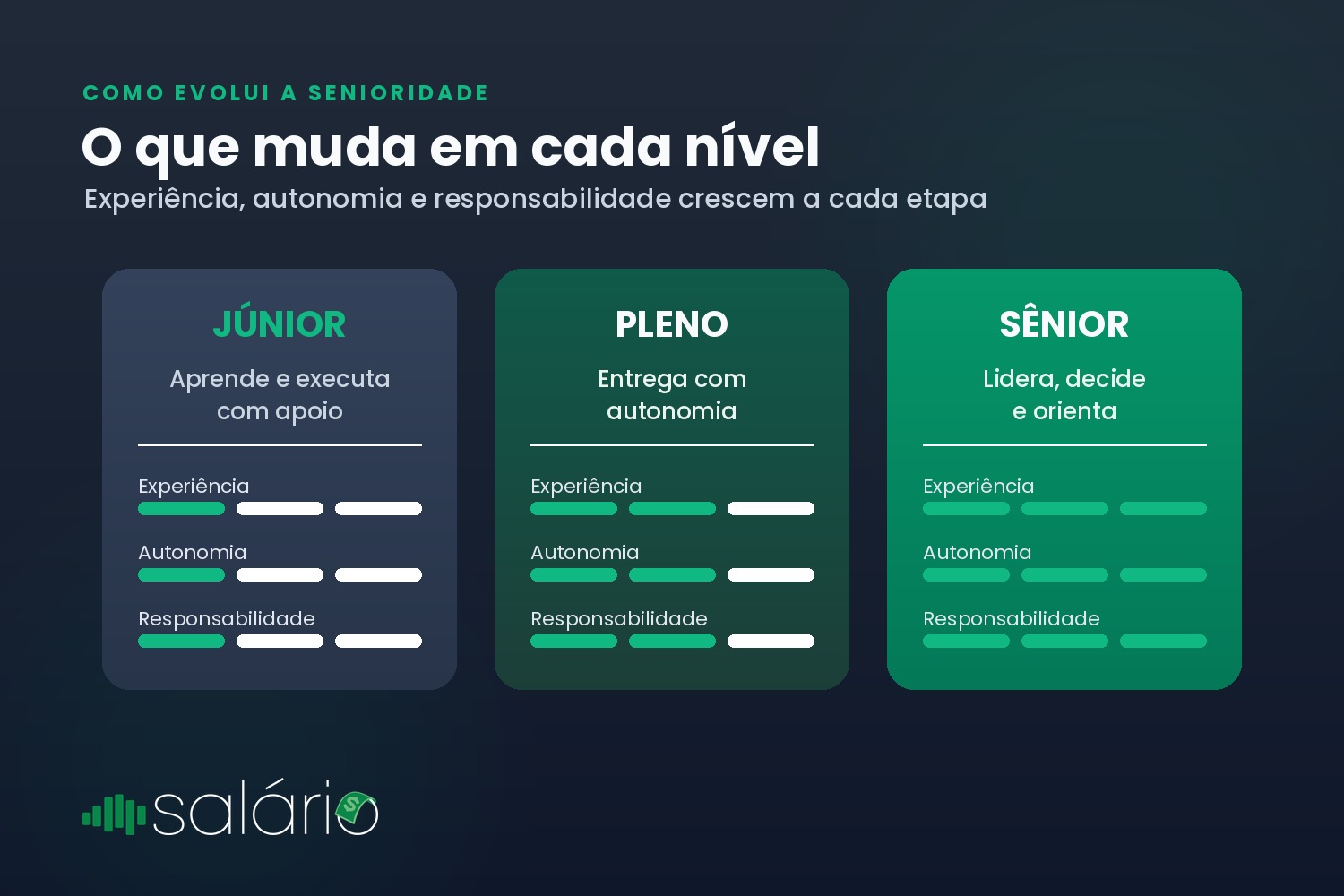 O que muda entre júnior, pleno e sênior: experiência, autonomia e responsabilidade crescem a cada etapa